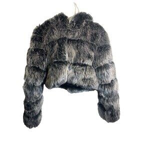 QIYE Faux Fur Cropped Hooded Jacket Grey Black Ombre Puffer Style Large